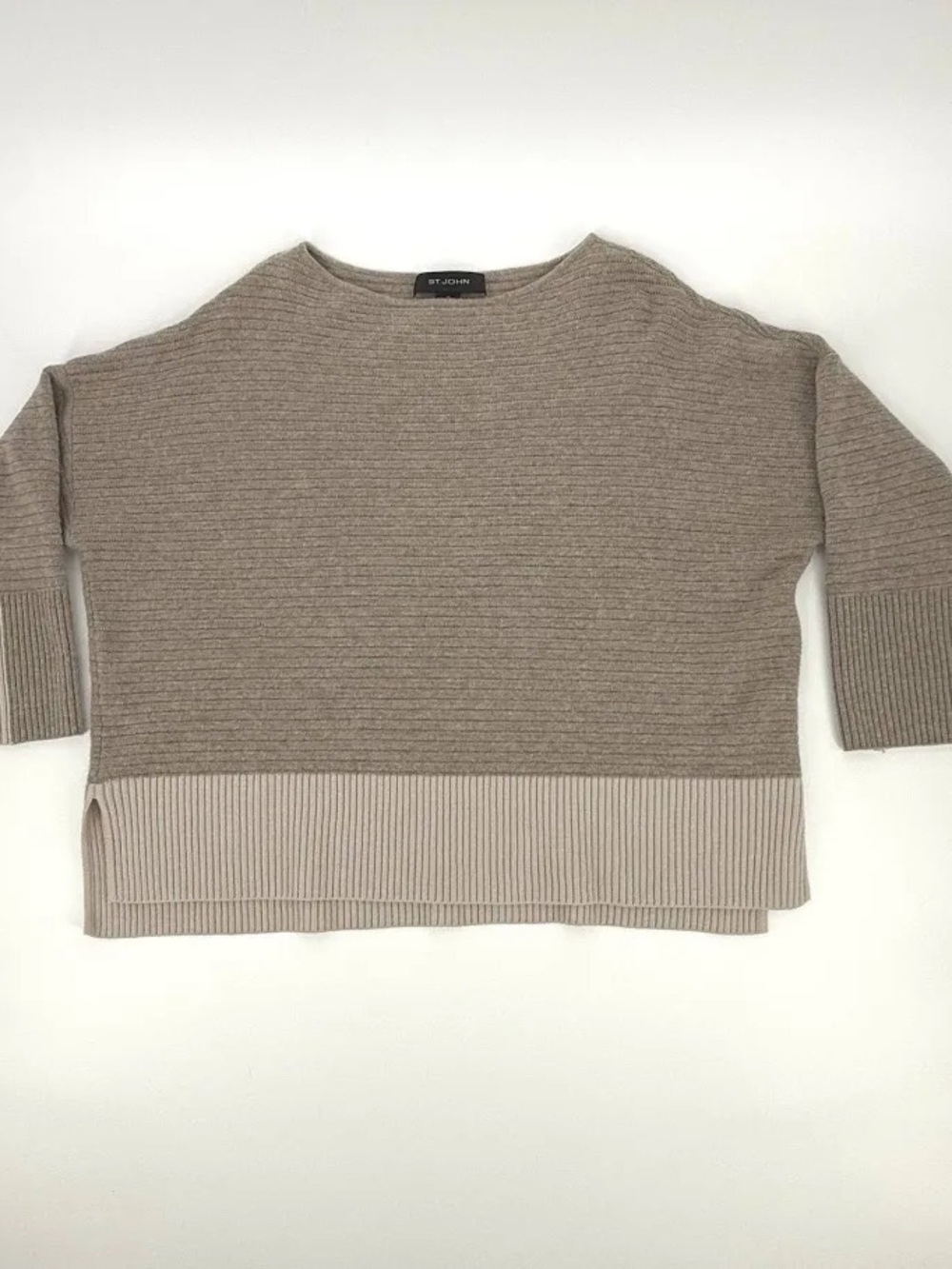 St. John Beige Taupe Ribbed-Hem Scoop Neck Sweater